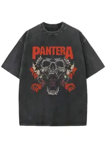 Retro effect, Pantera T-shirt with the logo of the war band printed on the front. Men's T-shirt, 230g washed T-shirt, summer cotton streetwear T-shirt.