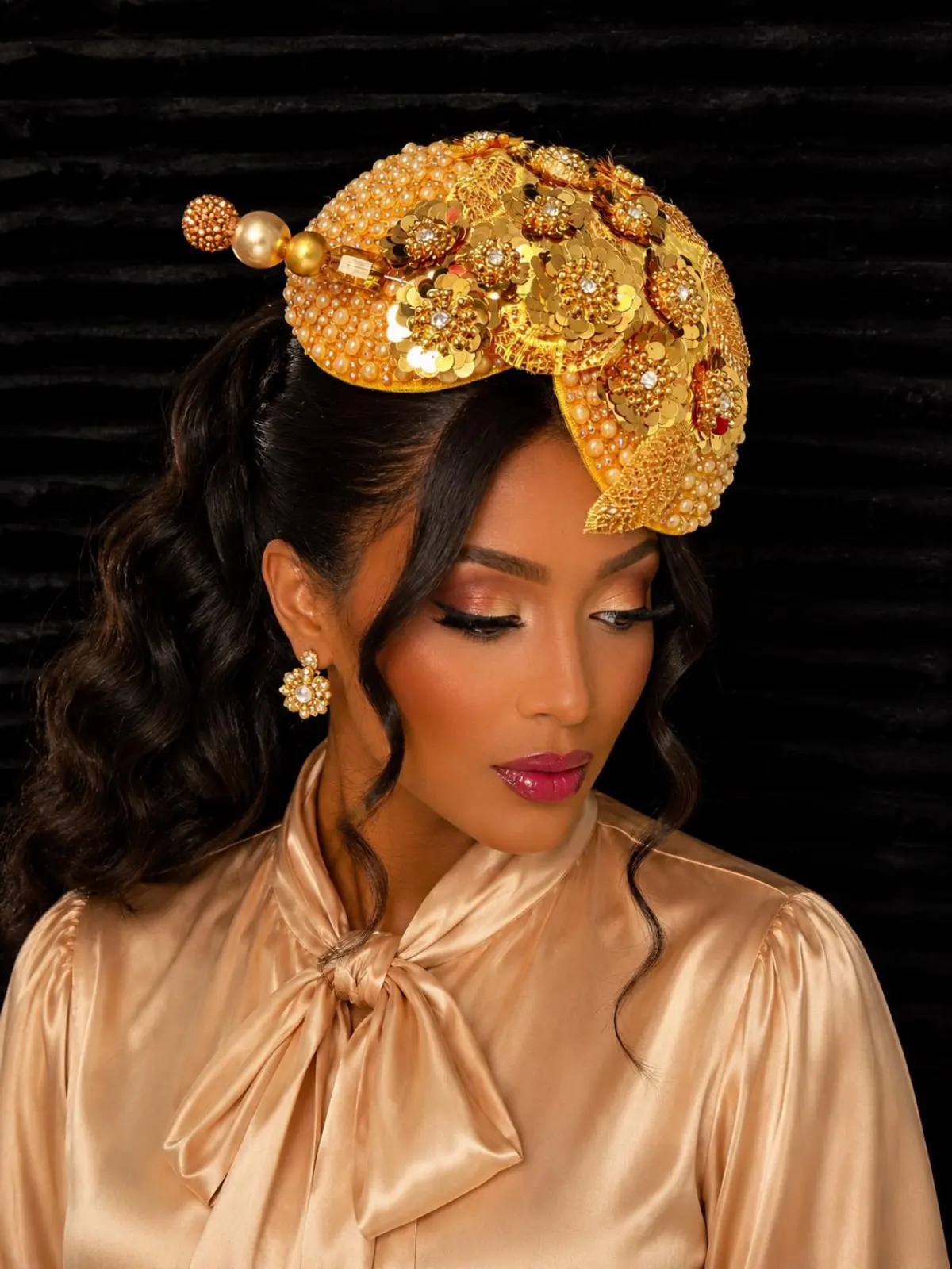 Luxury Yellow Gold Beaded Fascinator Hat for Women – Elegant Pearl & Sequin Church Hat – Wedding, Kentucky Derby  Tea Party Headpiece