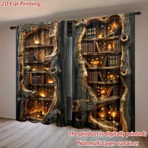 Dreamy Bookshelf Pattern Printed Curtains, HD Digital Print, Rod Pocket Installation, 100% Polyester, All-Season UV Protection Decorative Drapes