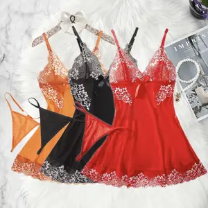 Tulle Suspenders Exquisite Women's  Lace V-Neck Underwear Semi-transparent  Dress Set Females Lingerie Nightgowns women's suspender, sleeping dress Short Sexy Deep V Women's Nightgown Embroidered Dress Fashions Pajamas