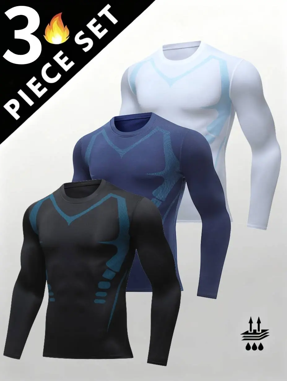 Men's 3-Piece Athletic Fleece-Lined Long-Sleeve T-Shirts Set - Warm, Breathable, High-Elasticity, Sweat-Wicking, Quick-Drying Striped Geometric Casual Tops for Motocross, Outdoor Sports, All Seasons