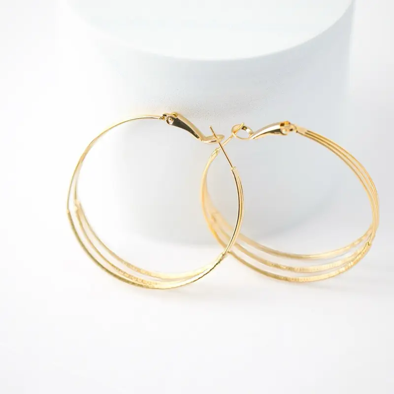 14K Gold Plated Triple Line Hoop Earrings 45mm 1mm Thin Hoops for Women's Fashion Jewelry Elegant Minimal Style Lightweight Comfortable Secure Latch Closure