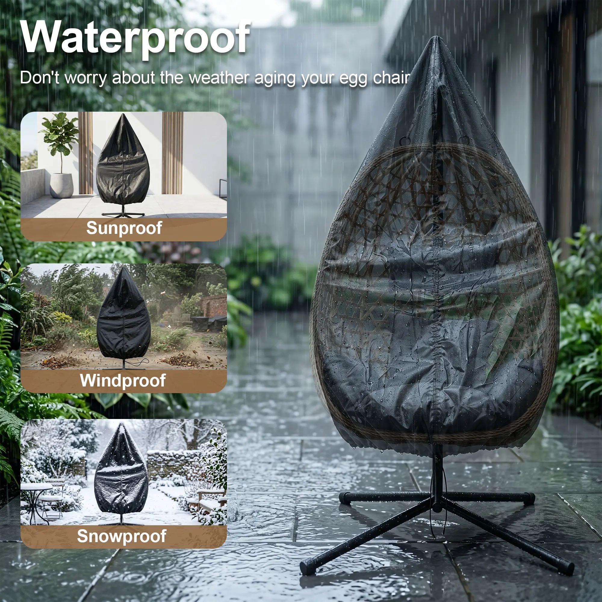 【Summergarden】Waterproof Hanging Egg Chair Cover - 59inch Large Outdoor Patio Swing Chair Protector, Heavy Duty 420D Oxford Fabric, UV/Wind/Snow/Dust Resistant, with Zipper & Drawstring, Fits Most Egg Chairs with Stand【Chair not included.】】