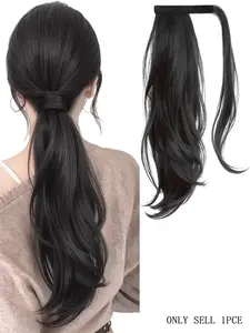 18 inch wrap-around ponytail extensions, lightly curled medium-long hair, natural look for women, heat-resistant synthetic wavy hair extensions, Synthetic Curly Hair, Wavy Synthetic Hairpiece