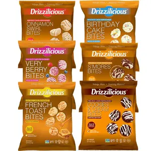 Mini Sized - 0.74 Ounce Bags - Drizzilicious Cookies & Cream, S’mores, Cinnamon Swirl, Birthday Cake, French Toast & Very Berry Bites - 6-Pack Snack-Size Single-Serve Rice Crisps, Healthy Gluten-Free Vegan Treats