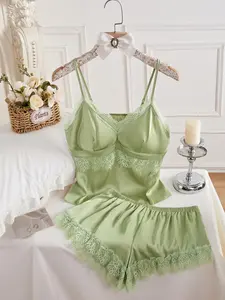 Women's Solid Color Cami Top & Lace Trim Shorts Loungewear Two-Piece Set, Casual Comfy Pyjama Set for Women, Comfy Loungewear Set for Daily Home Wear, Lace Outfit