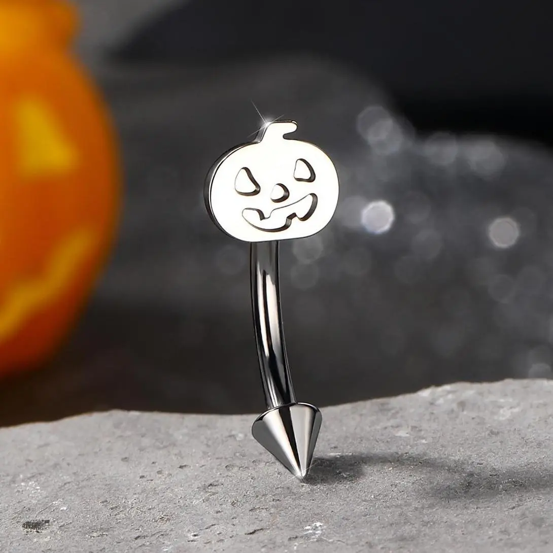 OUFER 16G Titanium Vertical Lip Ring with Pumpkin Charm & Spike End, 316L Stainless Steel Unisex Body-Safe Piercing Jewelry for Rook, Cartilage (Halloween)