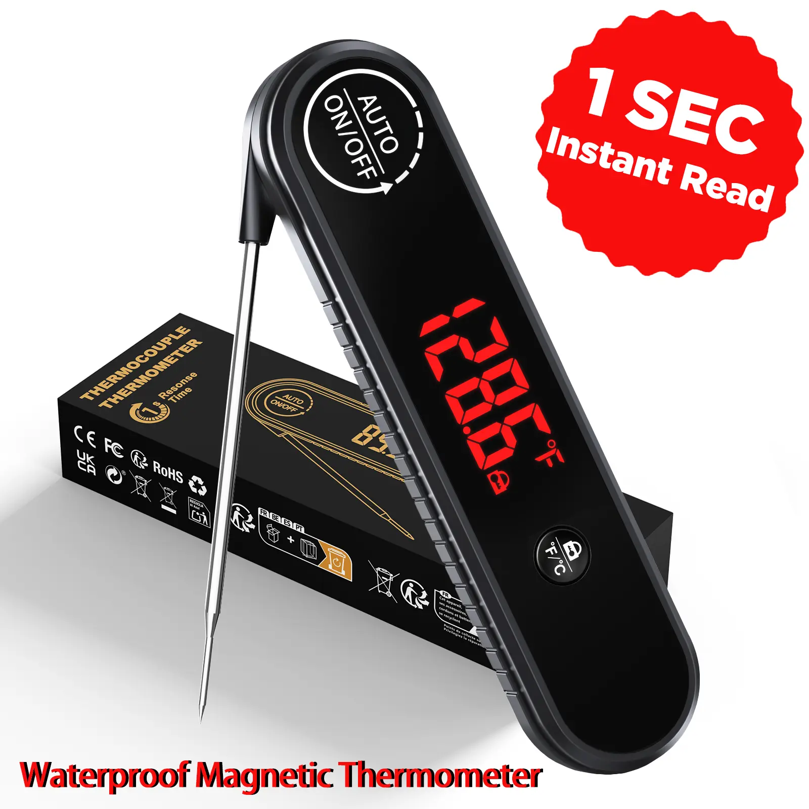 Yunbaoit Foldable 1-Second Instant Read Digital Food Thermometer - IP67 Waterproof Magnetic Plastic Kitchen Utensil with LED Display, -58°F to 572°F Range, Ideal for Home BBQ, Steak, Father's Day Gift