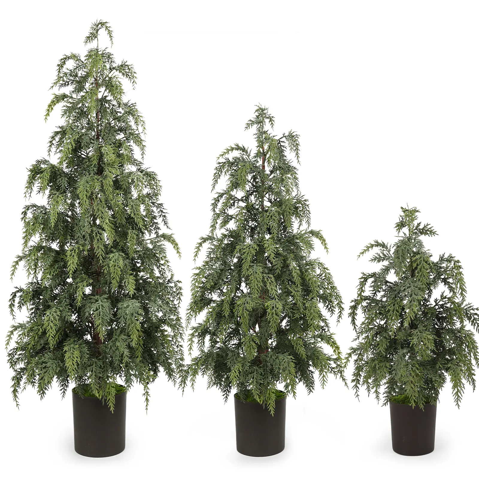 HIAGROW 3-Pack Artificial Cedar Trees, 2FT 3FT 4FT Potted Faux Topiary Plants with Realistic PE Branches, Cement Base & Faux Moss for Home Porch Patio Decor