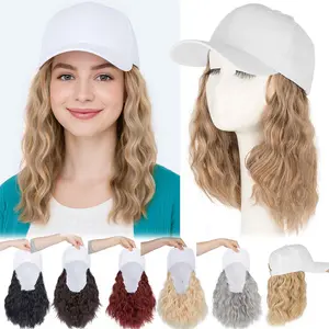 Baseball Hat Hair Wig White Red Cap with Hair Extensions Long Curly Wavy Wig Bucket Hat Synthetic Hair for Women 8inch