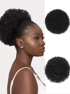 1 Piece 5 Inch Black Natural Fluffy Afro Kinky Drawstring Design African Synthetic Fiber Ponytail Extension, Curly Wavy Hair Buns For Women For Daily Wear