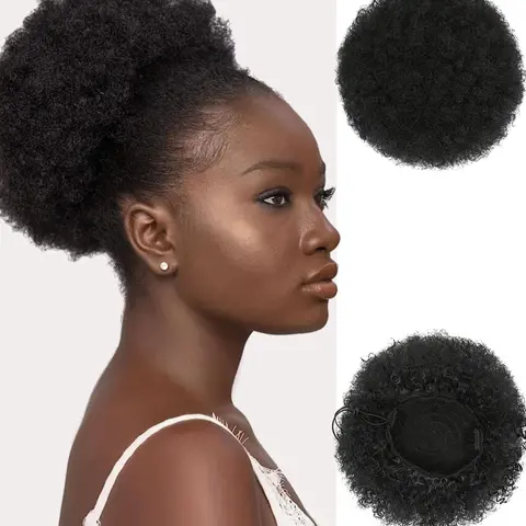 1 Piece 5 Inch Black Natural Fluffy Afro Kinky Drawstring Design African Synthetic Fiber Ponytail Extension, Fluffy Hair Pieces, Curly Wavy Hair Buns For Women For Daily Wear, Drawstring Pony Tails
