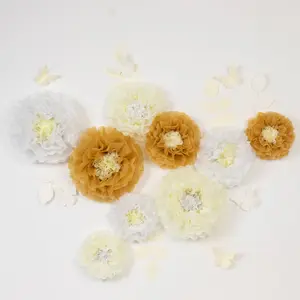 Set of 21 Tissue Paper Pom Poms Decor Kit – White Ivory 3D Chrysanth Floral Wall Decor with Butterflies & Olive Leaves - 8",10",12"