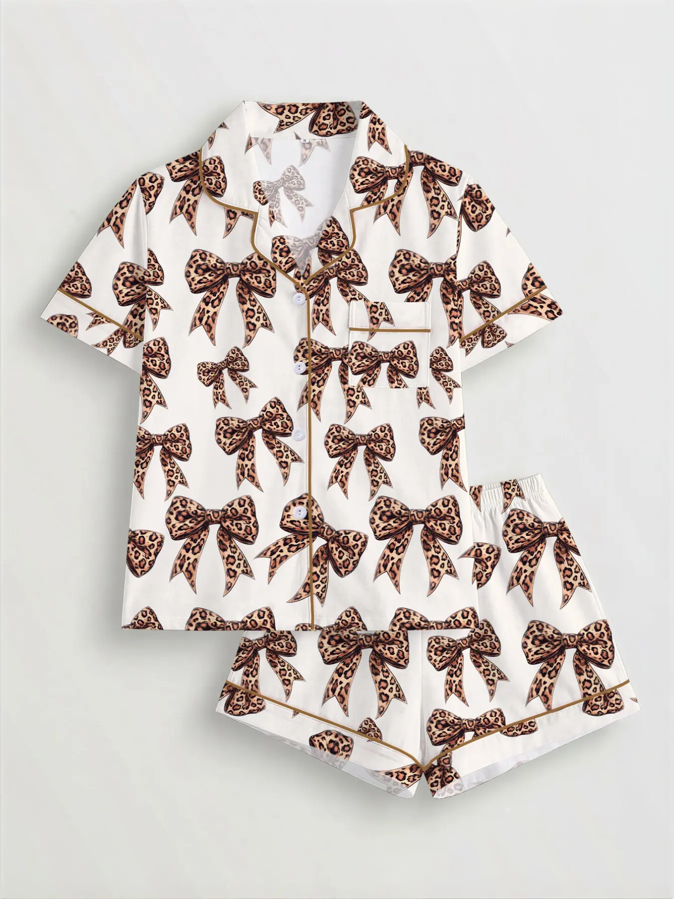 Women's Leopard Bow Printed Pyjama Set, Short Sleeve Button-Up Top & Elastic Shorts, Casual All-Season Sleepwear Loungewear Pajamas for Daily Wear