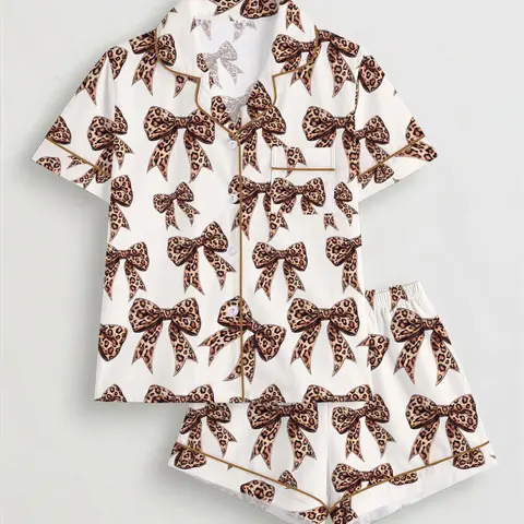 Women's Leopard Bow Printed Pyjama Set, Short Sleeve Button-Up Top & Elastic Shorts, Casual All-Season Sleepwear Loungewear Pajamas for Daily Wear