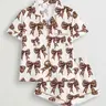 Women's Leopard Bow Printed Pyjama Set, Short Sleeve Button-Up Top & Elastic Shorts, Casual All-Season Sleepwear Loungewear Pajamas for Daily Wear