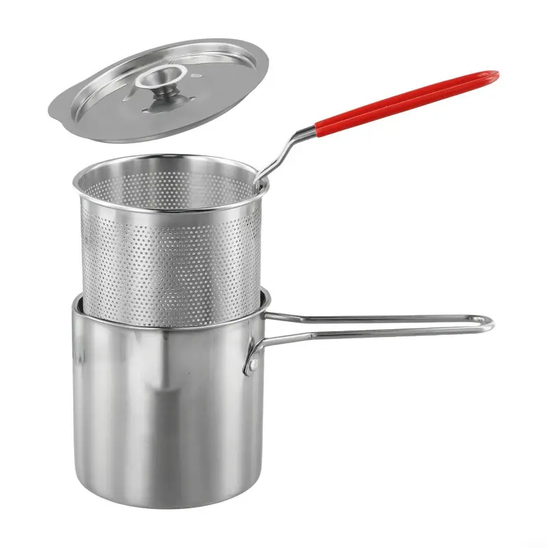 304 Stainless Steel Frying Pan with Filter Basket, Handle and Lid, Tempura Deep Fryer, Deep Fryer With Basket For Home Use, for Frying Fish, Shrimp, Deep Fryer Pot