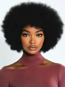 Afro Curl Fluffy Wigs Human Hair, Afro Curly Big Hair Wig for Women, 8 Inches 1b Color, Daily Use, Natural Look