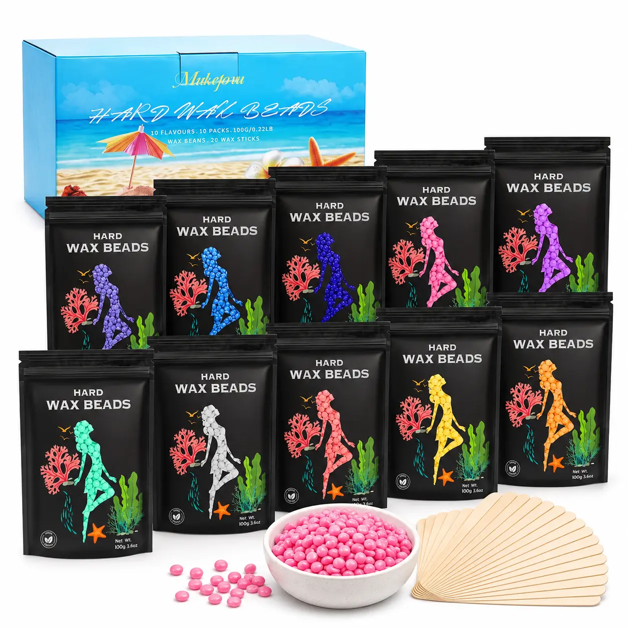 Hair Removal Wax Beads 2.2lb (1000g), Hard Wax Beads for Whole Body, Painless Hair Removal Wax Bead Set for Women and Men, 10 Flavours, Contains 20 Wax Sticks  wax Infused Hard Wax Beads Coconut  Hard Wax Beads Refill Waxing waxing kit Smooth Cosmetic