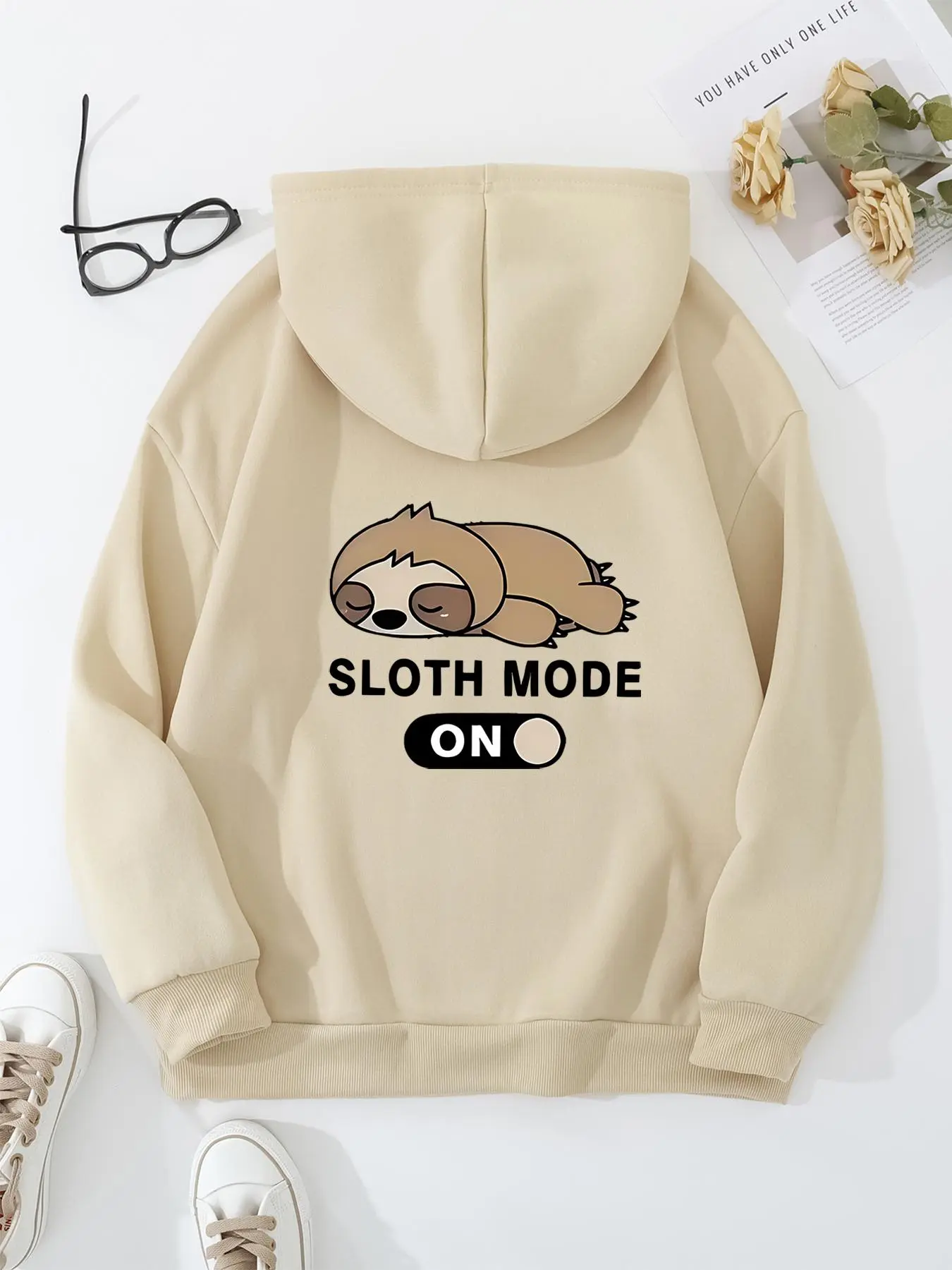【Plus Size】 Women's Cartoon Sloth & Letter Print Drawstring Pocket Hoodie, Casual Long Sleeve Hooded Sweatshirt for Fall & Winter, Women's Clothes for Daily Wear