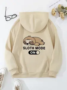 【Plus Size】 Women's Cartoon Sloth & Letter Print Drawstring Pocket Hoodie, Casual Long Sleeve Hooded Sweatshirt for Fall & Winter, Women's Clothes for Daily Wear