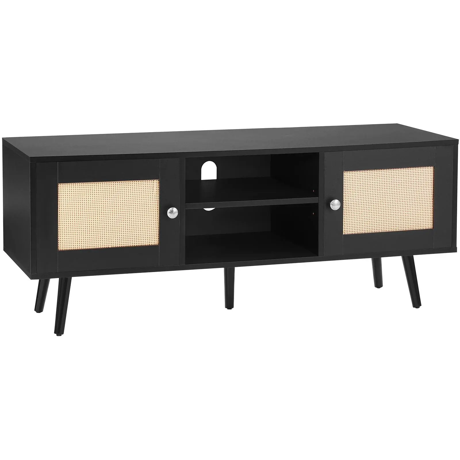 VEVOR Rattan TV Stand,  Boho TV Cabinet for 55 inch TV, Mid Century Modern TV Stand, Rattan TV Console with Adjustable Shelfs for  Living Room, Media Room, Black
