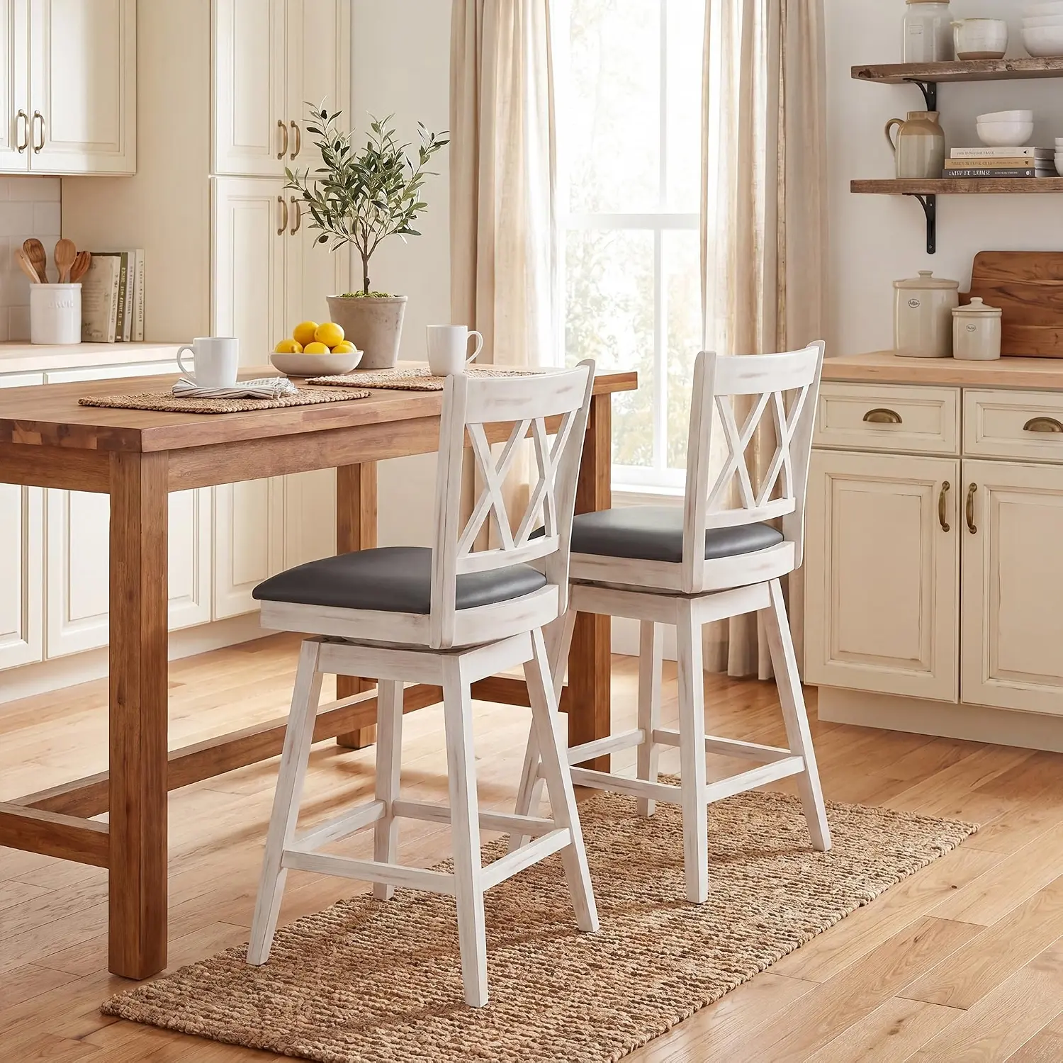 COSTWAY 360° Swivel Wood Bar Stools Set of 2,  Barstools 25 Inch w/Backs, Upholstered Cushion & Footrest, Farmhouse Counter Height Bar Stools for Kitchen Island, Dining Room, Home, Pub, White/Black