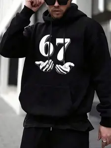Men’s Fall Winter Black 67 Print Hoodie, Bold Graphic Design. Oversized Comfortable Fit, Warm Cozy Fabric. Trendy Streetwear Style, Perfect for Cool Weather Outfits.