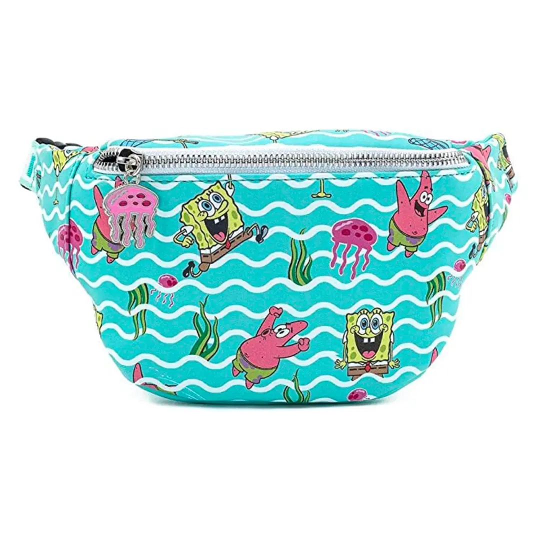 Loungefly SpongeBob Jellyfishing Printed Faux Leather Belt Bag with Debossed Details and Enamel Zipper-Pull, Belt Bags, Waist Packs