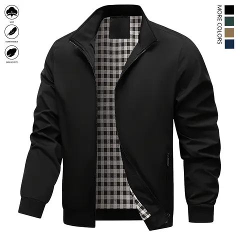 Men's Featherlight Polyester Minimalist Fitted Long Sleeve Jacket - Men's Clothing, Modern Casual Jackets, Collared Neck, Non-Stretch, Zipper Pocket, Plain Solid, Machine Washable Outerwear - Office, Party Use for Spring Autumn