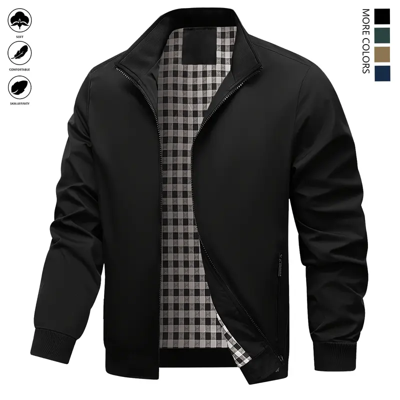 Men's Featherlight Polyester Minimalist Fitted Long Sleeve Jacket - Men's Clothing, Modern Casual Jackets, Collared Neck, Non-Stretch, Zipper Pocket, Plain Solid, Machine Washable Outerwear - Office, Party Use for Spring Autumn