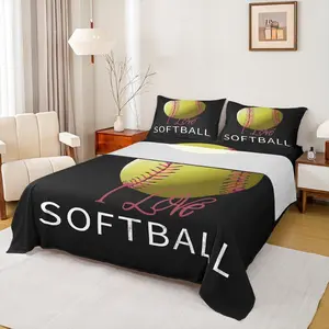 Softball Printed Bed Sheets Kids Boys Sports Games Sheet Set,Child I Love Softball Sheets Set Deep Pocket Fitted Sheets + Baseball Flat Sheet