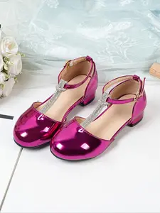 Adorable Girls' Mary Jane Flats, Sparkling Rhinestone Kids Shoes, Party Shoes, Buckle Closure Round Toe, Elegant PU Low Heel Christmas Shoes