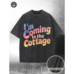 This 230G T-Shirt, Which Has Been Washed, Comes in Various Colors. It Has a Crew Neck, Short Sleeves, And a Faded Look. The Front Displays Vibrant Gradient Lettering Saying 'I'M Coming to The Cottage' in Shades of Blue, Purple