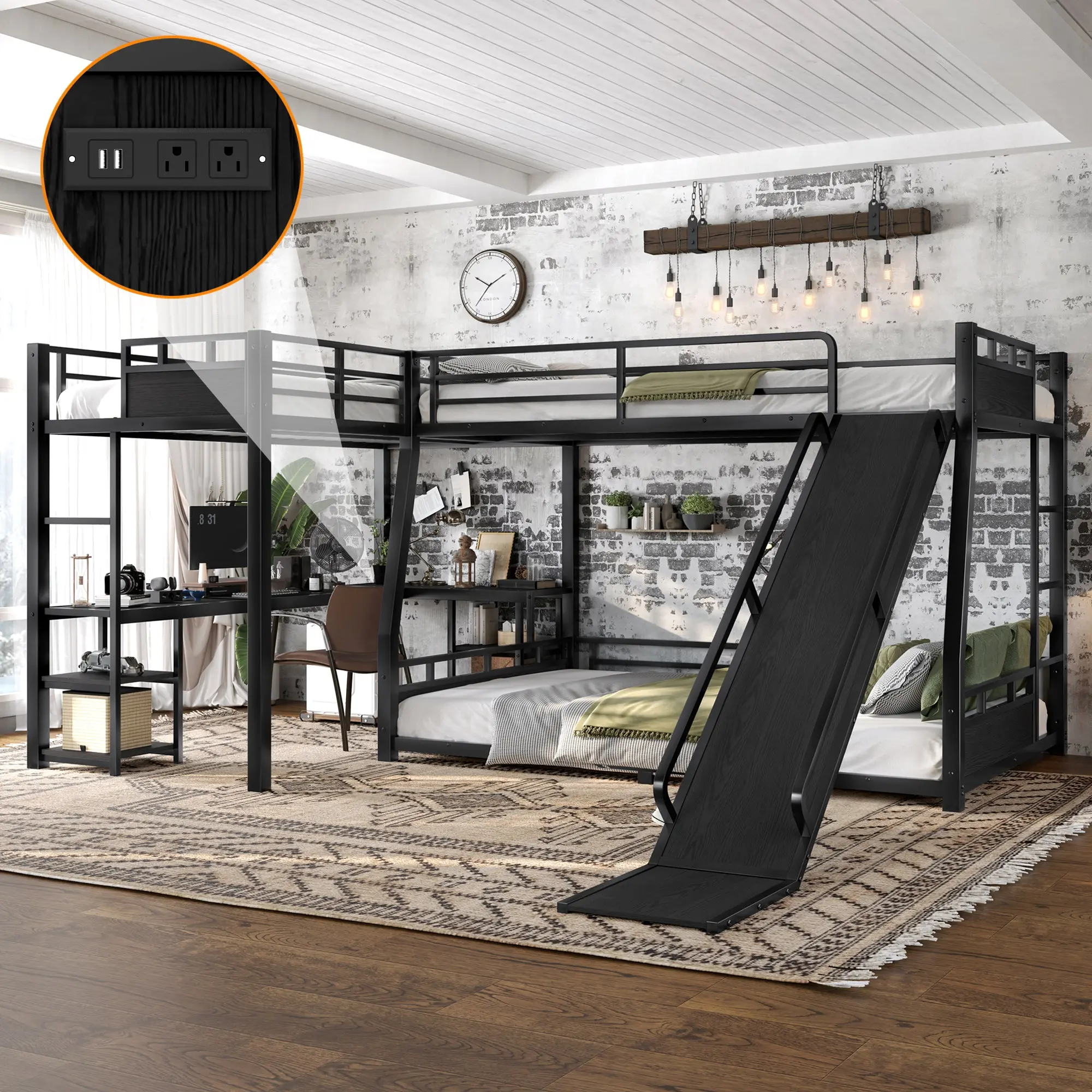 Black L-Shaped Metal Bunk Bed (Top bed:Full/FullXL