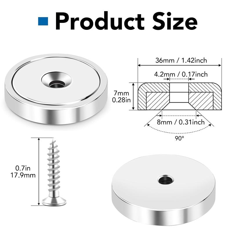 Strong Neodymium Cup Magnets, Waterproof, Rare Earth, 150lb+ Pull Force, Silver, 6 Pack with Screws for Wall Mounting, Hanging, Lifting Tools