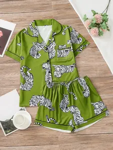 Women's Tiger Print Short Sleeve Set, Fitted Above Knee, Casual Breathable Summer Wear, Home & Outdoor Comfort