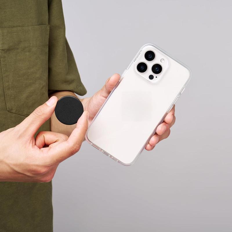 PopGrip Adhesive Grip with Expanding Kickstand for iPhone Samsung & More - Black Polycarbonate PC Material Anti-Drop One-Handed Use Cell Phone Holder