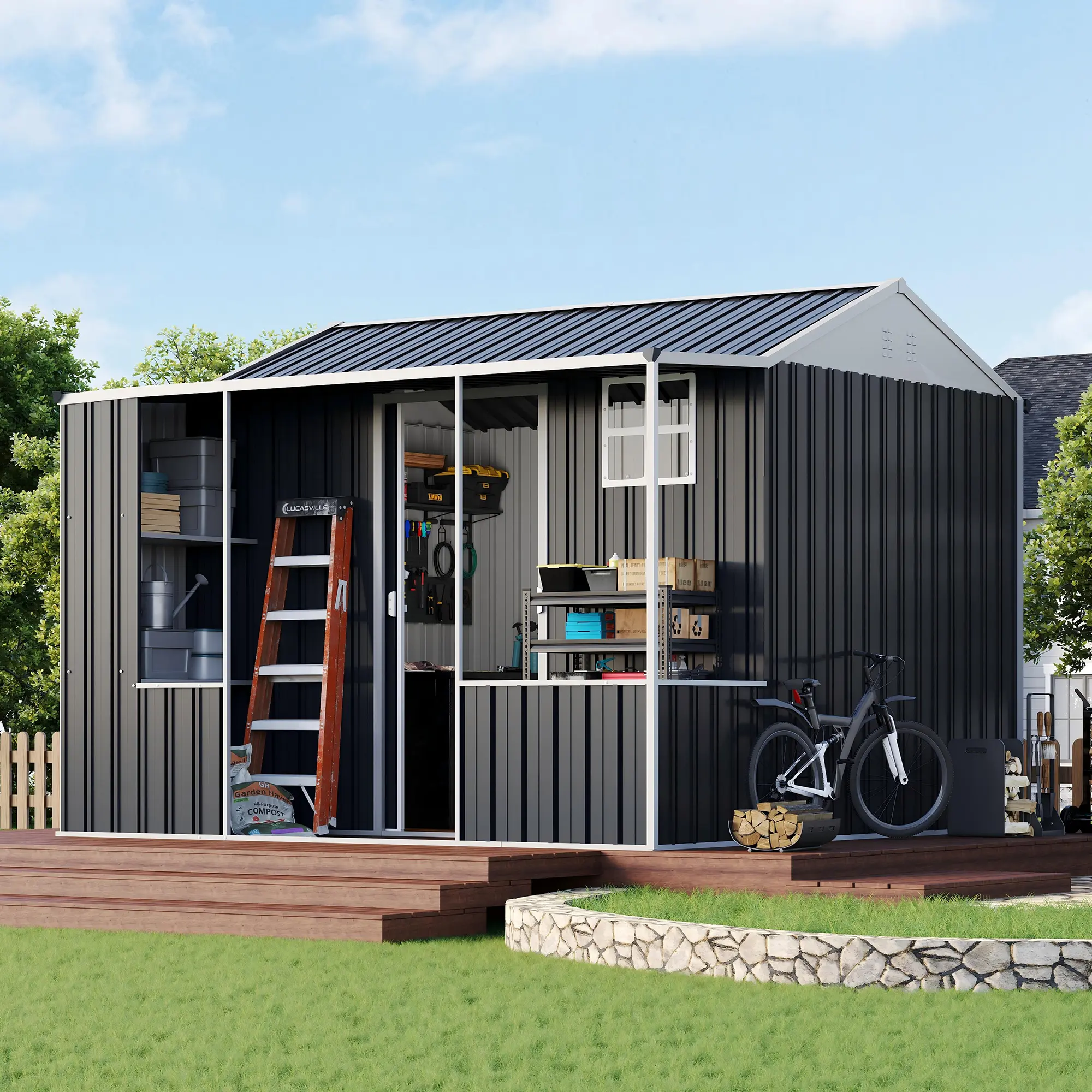 [Ships in 3 Boxes] AMERLIFE Metal Storage Shed, Dual-Zone Tool Shed with Work Area, Reinforced Frame, Gable Roof, Ventilated Design, Dark Grey #homemakeover