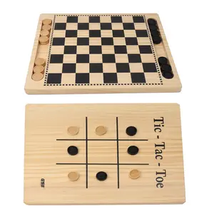 2-in-1  Reversible Natural Wood Checkers & Tic-Tac-Toe Board Game Combo Set