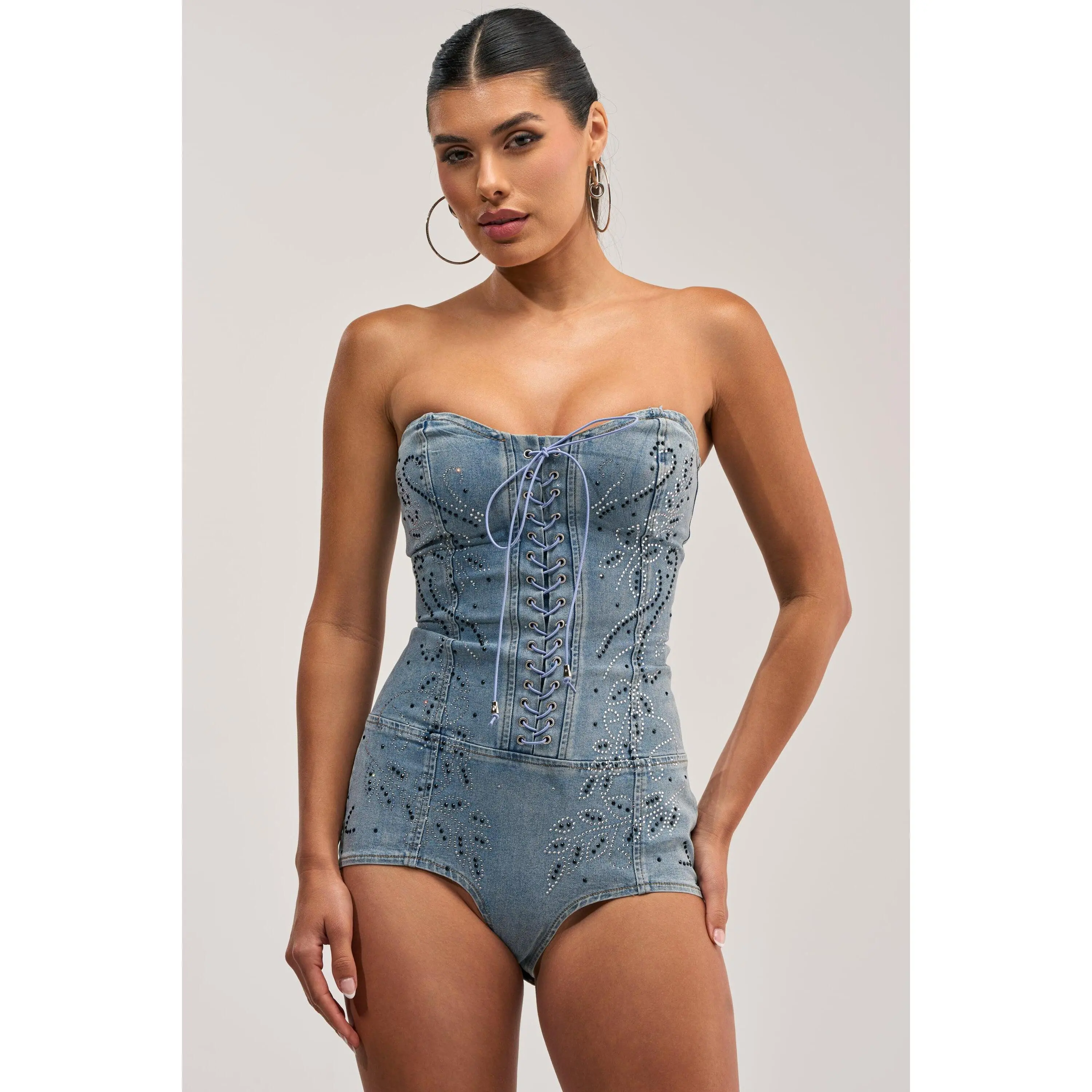 COWGIRL NIGHTS RHINESTONE DENIM BODYSUIT