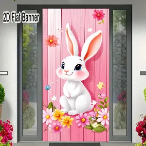 2D flat banner, 1pcCute Cartoon White Rabbit Backdrop with Pink Flowers & Butterfly, Whimsical Spring - Like Party Decor, Bright Cheerful Photography Background for TikTok Videosgalentines party decor, valentine day decor, decorations for valentines