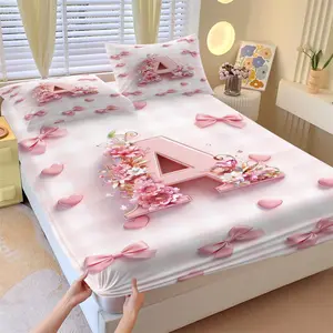 3-Piece Set Pink and White Plaid Floral Letter A-D Print Fitted Sheet Set, Includes 2 Pillowcases, Breathable & Comfortable Design, Coquette Sweet Princess Style Custom Bedroom Decor, Birthday Gift