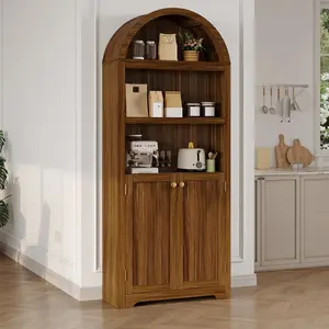 71.6 inch Tall Arched Storage Cabinet 5 Tier Wooden Pantry Cabinet with Doors and Adjustable Shelves Home Office Arch Book Shelf Storage Organizer for Living Room Bedroom Walnut