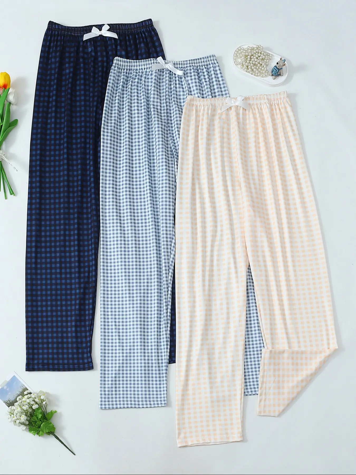 Women's Long Fitted Knit Pajama Sleep Pants, Pjs, Plaid Checkered Print, Spring Summer Wear, Autumn Winter Comfortable Loungewear, Homewear, Ladies Nightwear for Home Use, Nightwear Sleepwear Homewear
