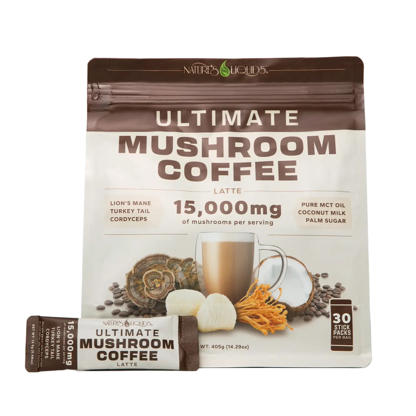 Ultimate Mushroom Coffee Latte – 30 Servings | Fruiting Body Only | Lion’s Mane, Cordyceps & Turkey Tail | Coconut Milk + MCT | Natural Focus, Energy & Immune Support Beverage