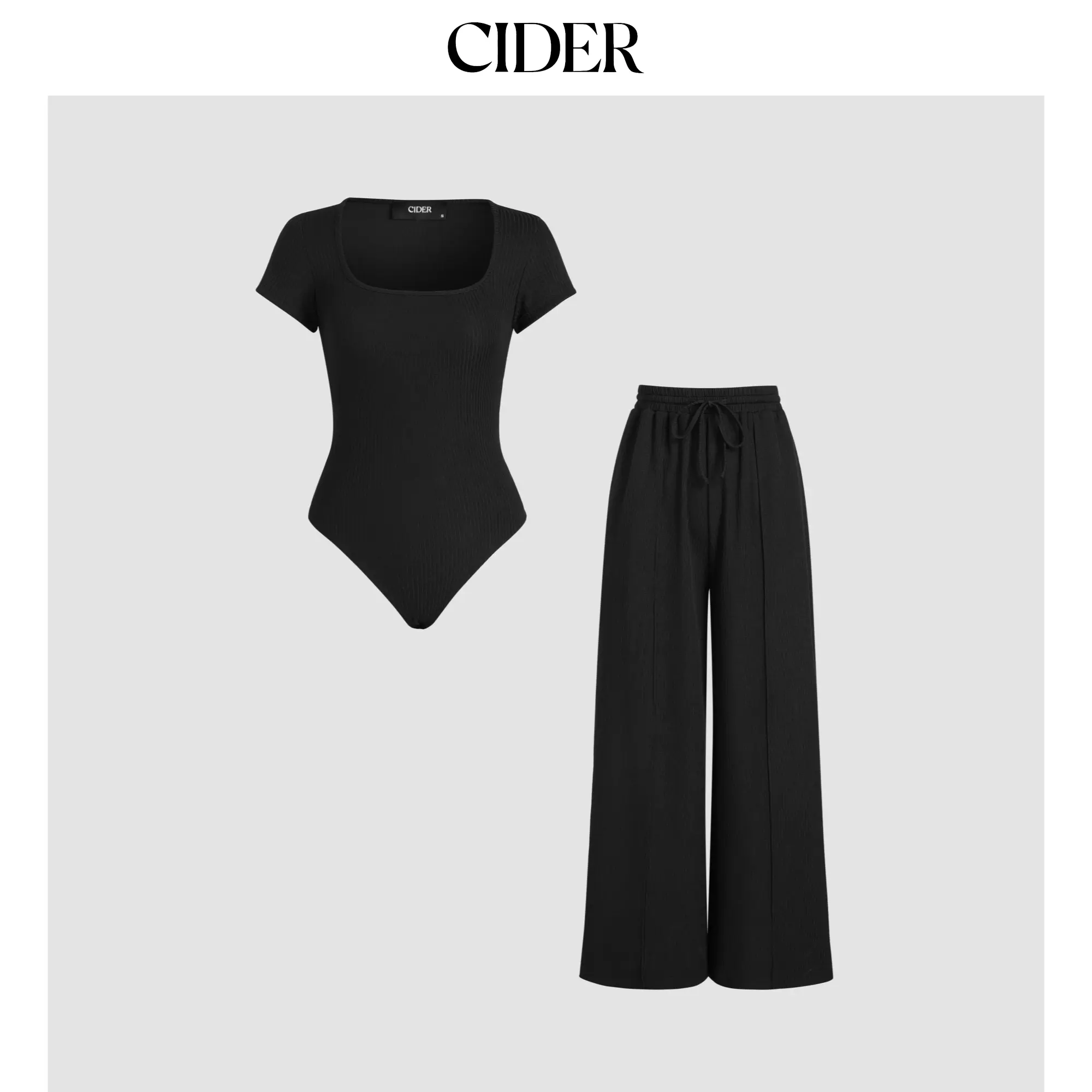 Cider [7 colors, size 0-26] U-neckline Bodysuit & Elastic Waist Wide Leg Pants Set