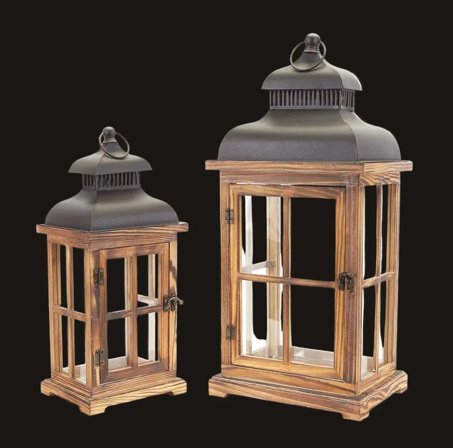 Rustic wood and metal lanterns — set of 2