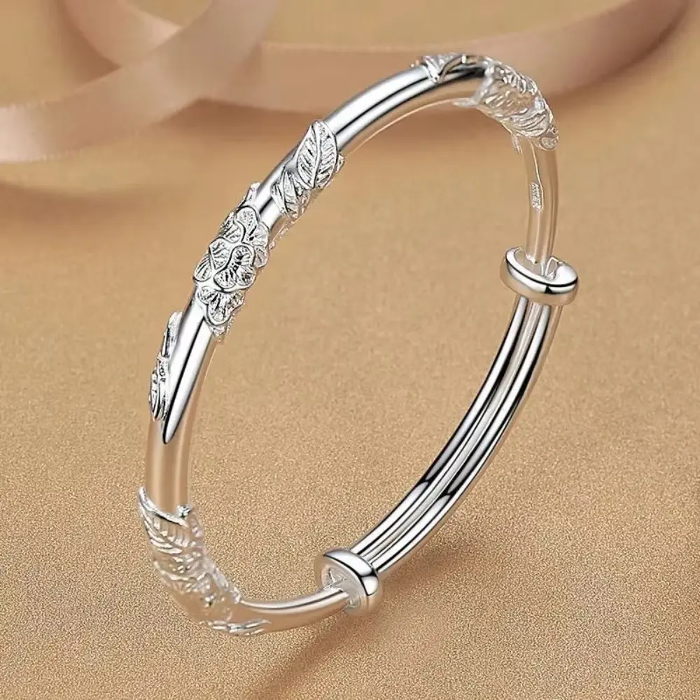 925 Sterling Silver Bangle Bracelet for Women, Elegant Floral Adjustable Cuff with Solid Texture for Party & Daily Wear, Beautiful Bracelets, Exquisite Trendy Bracelet