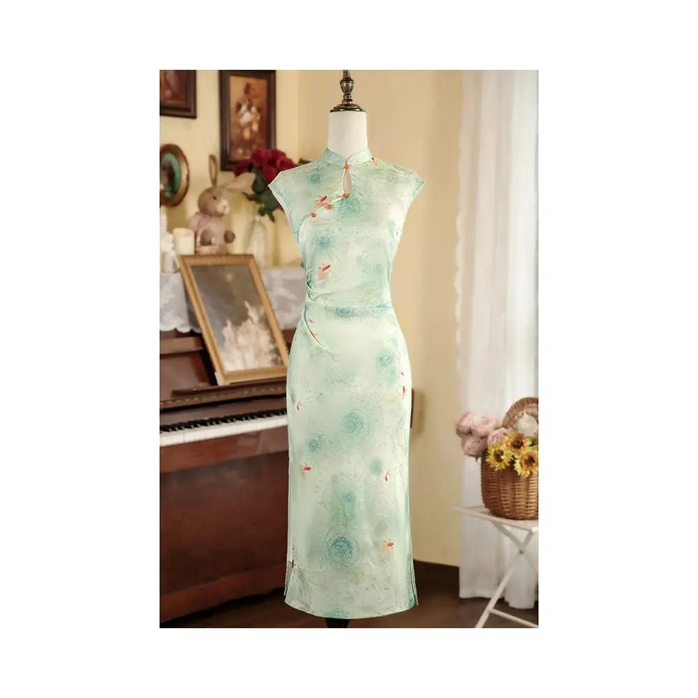 Sage Green Botanical Midi Qipao Dress | Neo-Chinese Cheongsam, Modern Summer Dress, Elegant Daily Wear